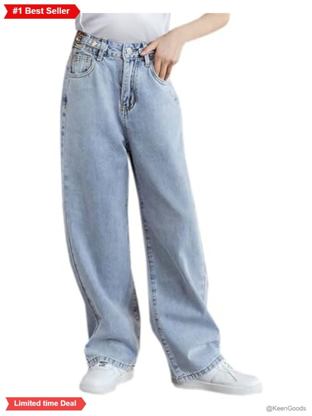 Girls Baggy Wide Leg Jeans Elastic Waist Cotton Blend Denim Pants